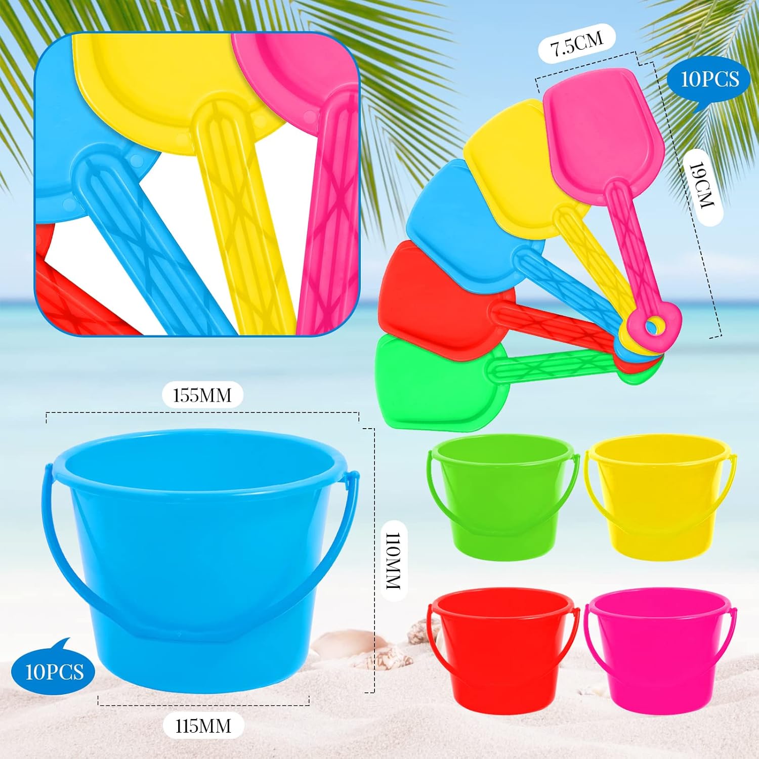 10 Sets Beach Pails Sand Buckets and Sand Shovels Set for Kids Include Plastic Buckets Beach Shovel Inflatable Ball for Summer Pool Water Birthday Party Supplies