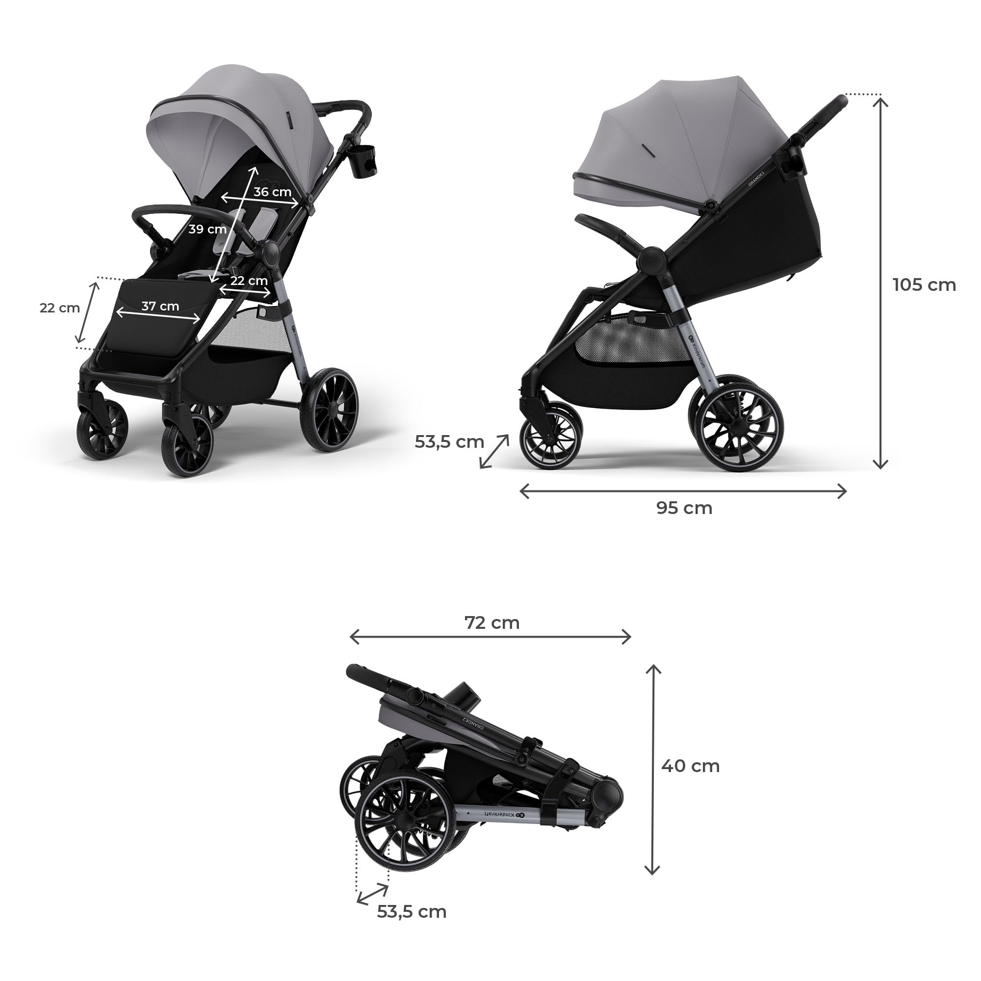 Kinderkraft GRANDE 2 – Cochecito | Ruedas grandes, CLICK&FOLD, Gris