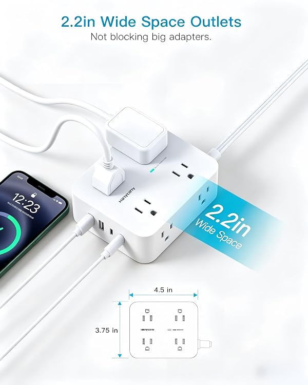15Ft Long Extension Cord with Ultra-Thin Flat Plug, 8 Widely Spaced Outlets by HANYCONY - Used condition - Image 5