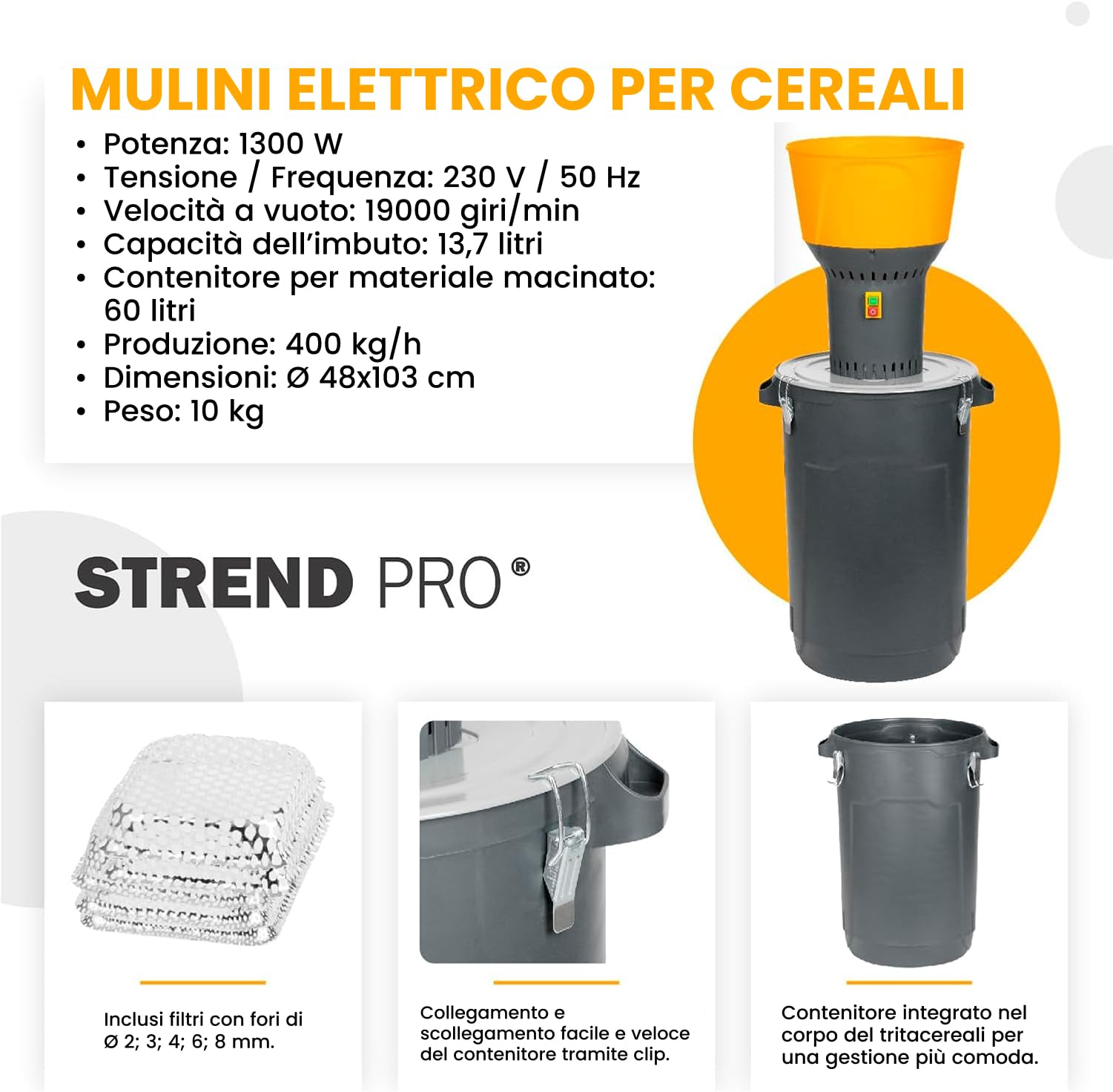 STREND PRO Mulino per cereali elettrico 1300W 60 L | 5 setacci | PROFI Mulino elettrico per tutti i tipi di cereali - Grano, Orzo, Mais, Avena | Mulino per mangimi per alimentare animali/bestiame