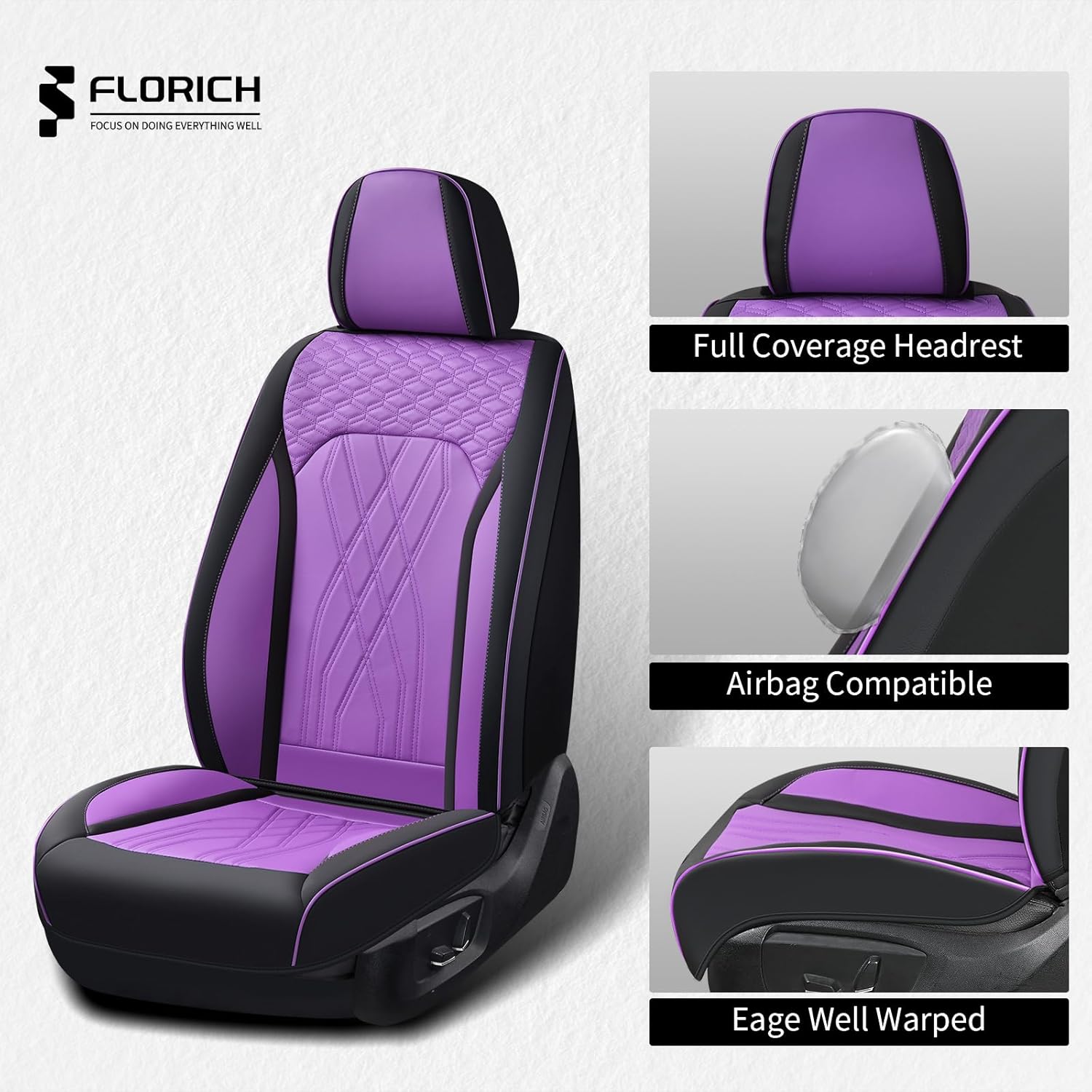 FLORICH Seat Covers for Cars Purple Leather Car Seat Covers Front Pair Non-Slip Full Coverage Seat Cushion Automotive Car Seat Cover Universal Fit for Most Car Truck SUV, Black&Purple