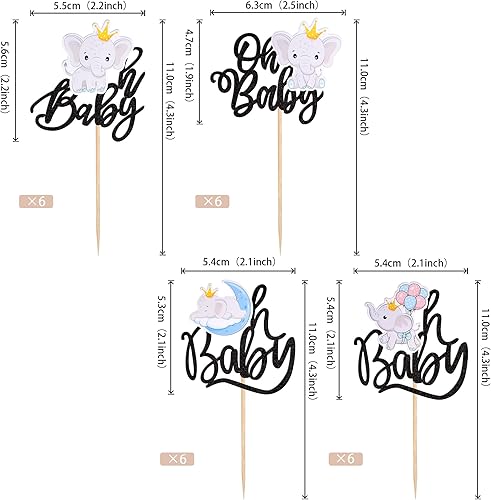 Miniatura 9 de Paquete de 36 adornos de elefante para cupcakes de cumpleaños, decoración de pasteles de elefante de luna para niños y niñas, baby shower, temática