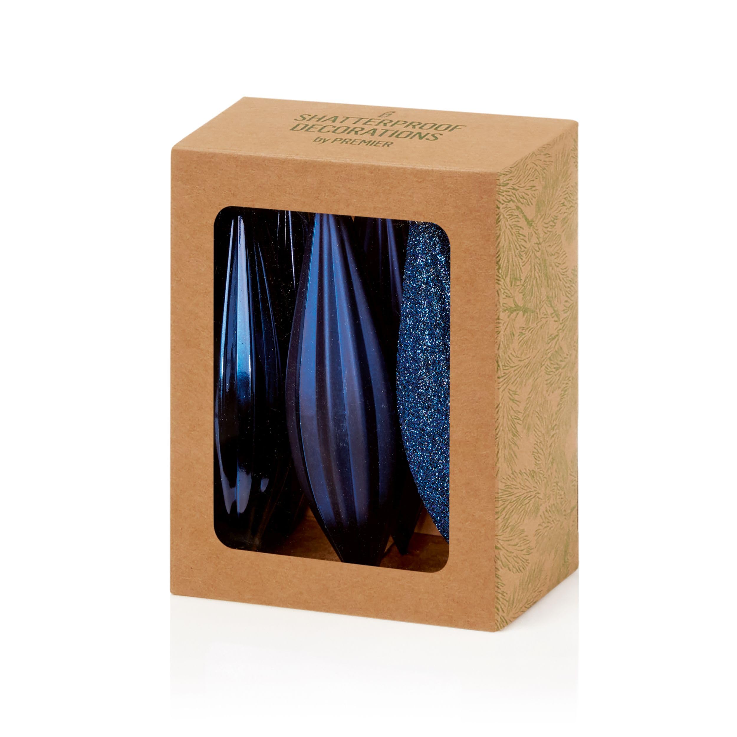 Premier Blue 11Cm Assorted Glitter Bauble Drops, Midnight Pack Of 6
