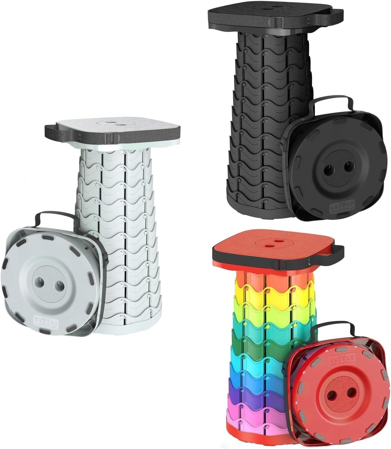 Retractable Stool[Cyan] and Collapsible Stool[Rainbow Red] and Camping Seat[Black]