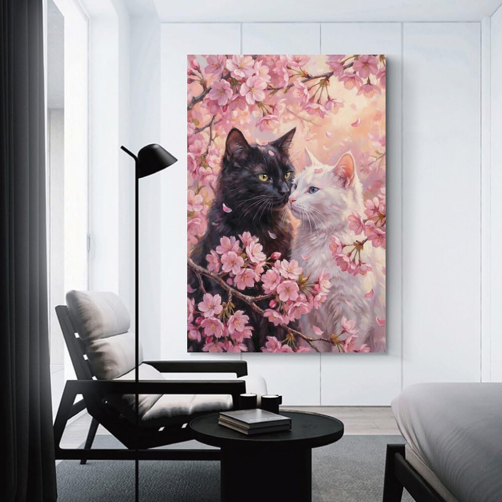 Junmoney Unframe-Style-5 Love Cats Couple In Cherry Blossoms Decorative Wall Artwork 24X36inch(60X90cm), For Corridors, Hallways Or Apartment Entries, Home Artwork For First Impressions