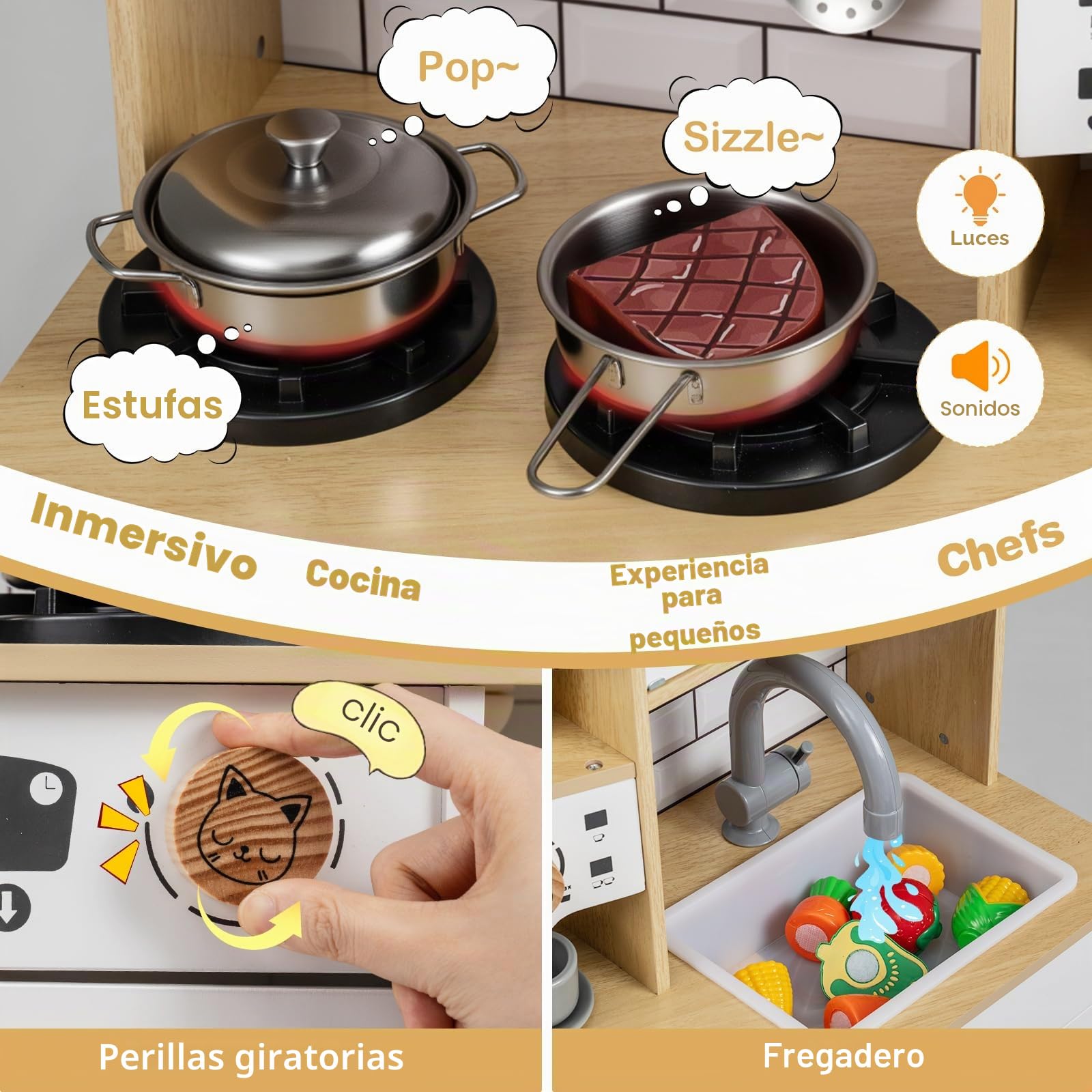 FANTASK Cocina de Juguete de Madera con luz y Sonido, Accesorios de 10 Piezas, Estufa/Fregadero/Horno y electrodomésticos múltiples, Cocina Infantil a Partir de 3 años (Blanco)