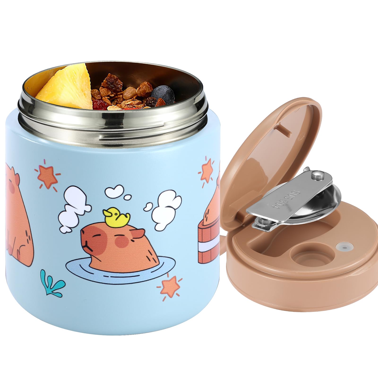 15.2 oz Kids Thermo Food Jar for Hot Food, Folding Spoon, Capybara Blue | Vacuum-insulated, leakproof wide mouth, 316 stainless steel interior, silicone handle, dishwasher-safe school lunch container