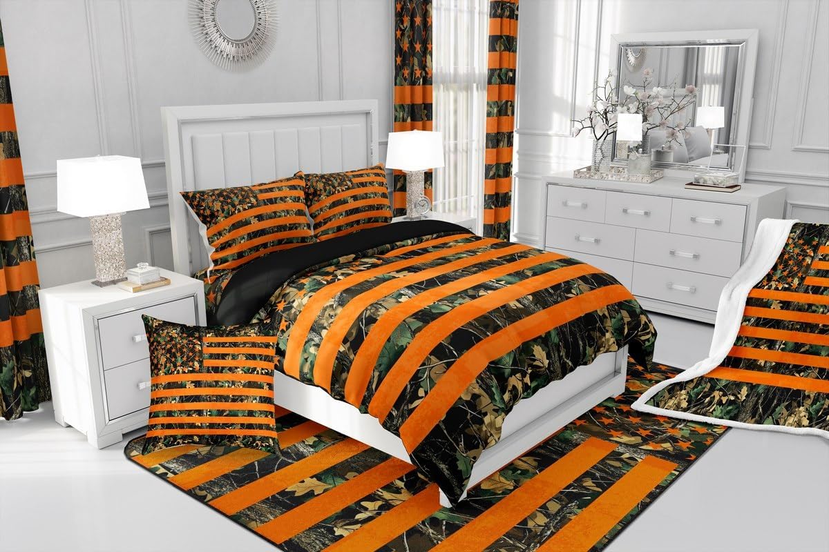 Feelyou Orange Camouflage Decorative Carpet 5x7 American Flag Area Rug for Boys Girls Children Camo Military Style Tree Branches Rugs for Living Room Bedroom Room Decor Botanic Indoor Floor Mat