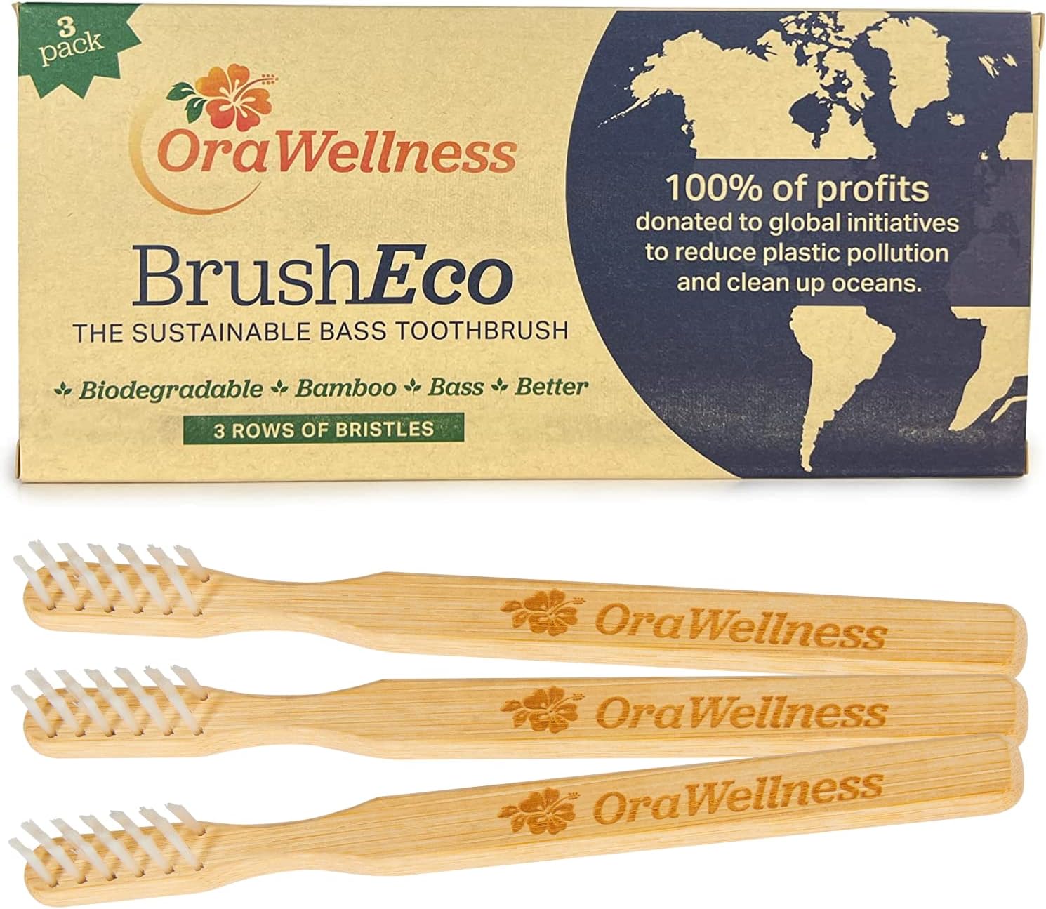 OraWellness Bamboo Toothbrush, Sustainable BrushEco with 3 Rows, Biodegradable Wooden Toothbrush for Healthy Mouth, Gums & Teeth, Reducing Gum Disease, BPA Free & Made in USA, 3 Pack