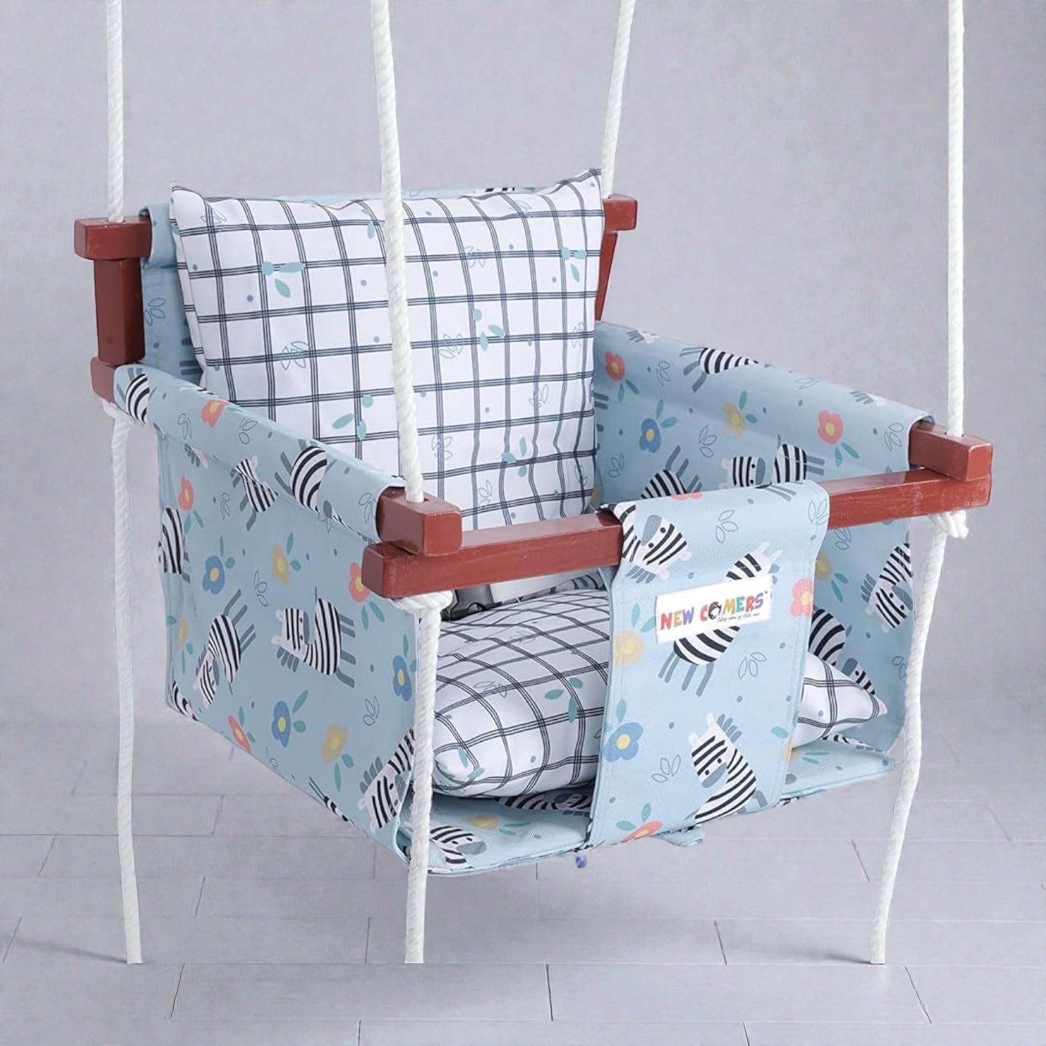 Cotton Swing for Kids, Jhula for Baby, Baby Swing Hanging Indoor Outdoor, Baby Garden Swing with Safety Belt & 2 Pillows (6 Months to 4 Years) (Up to 20 kg)-Grey-Black (TC 150/300)_902