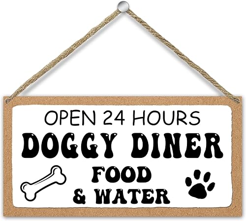Placa de madera para casa de mascotas de 10 x 5 pulgadas con cuerda, decoración de arte de pared, letrero de madera para colgar, abierto las 24
