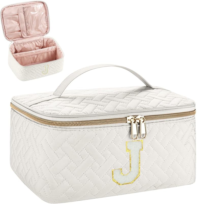 Necessaire de Maquiagem JRQCSJY com Letra J, Zíper e Alça, Off White