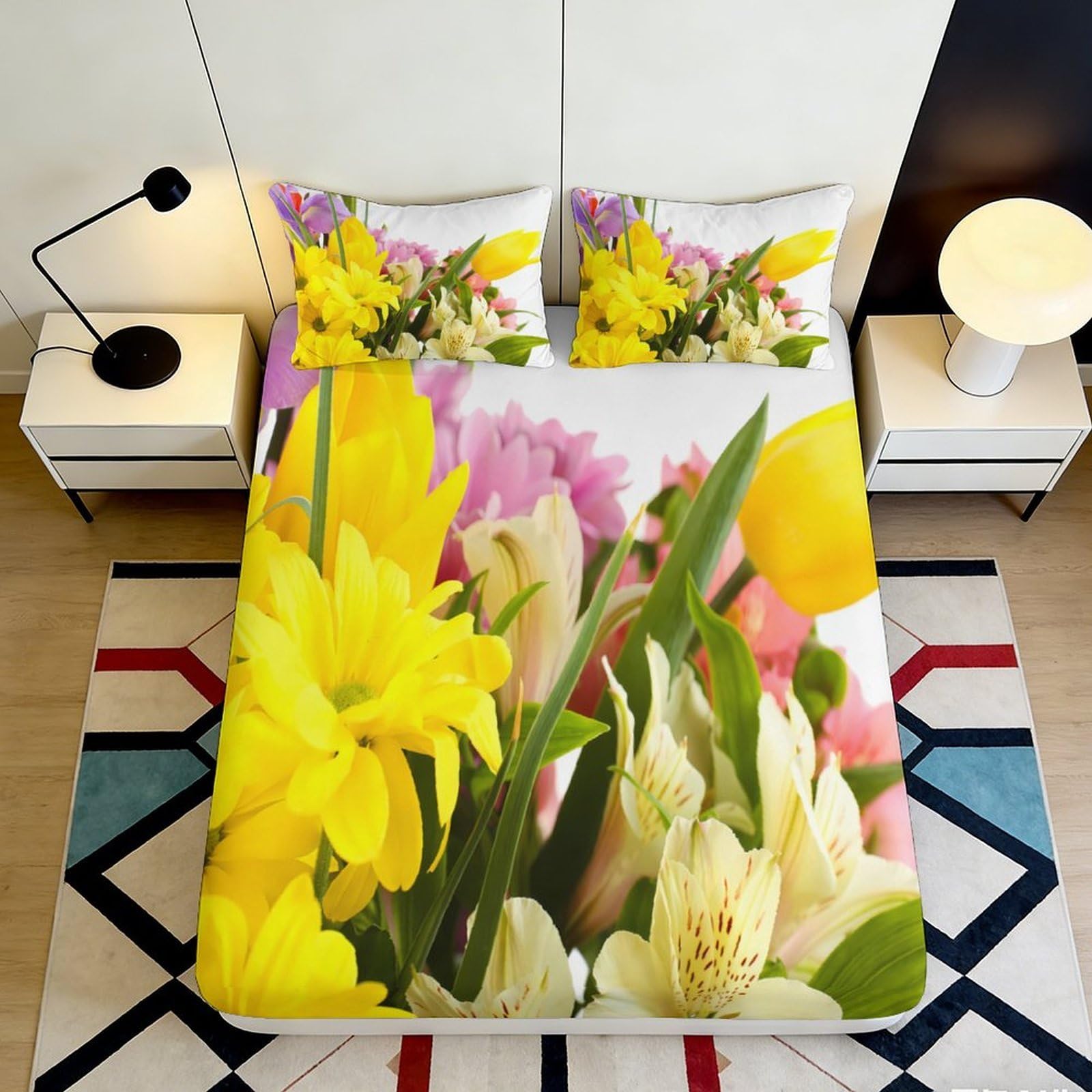 3D Printed Yellow Tulip Fitted Sheet Microfiber Soft Floral Mattress Cover for Bedroom Guest Room Decorative Protection 90x200x25cm