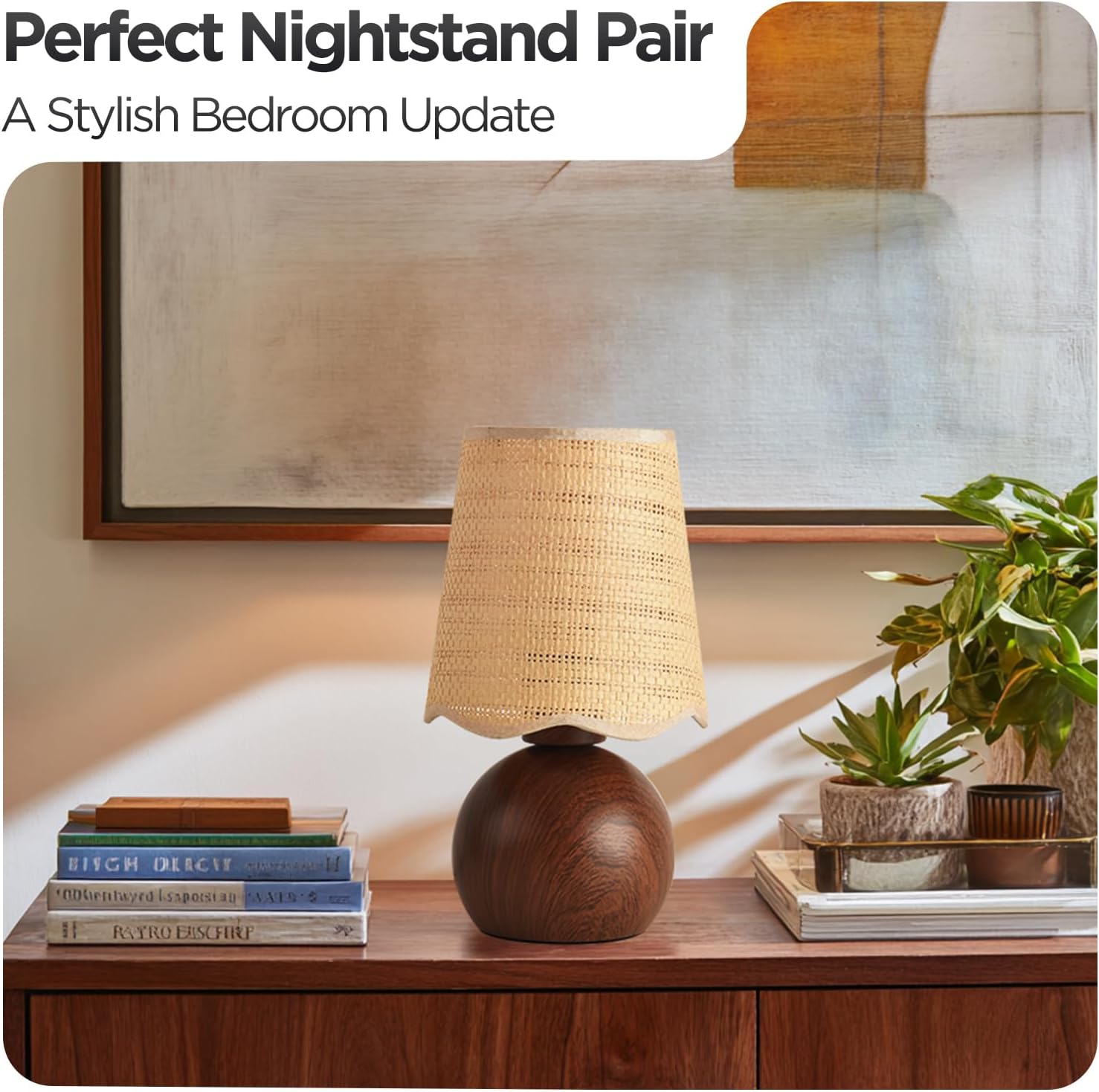 Minimalist Rattan Table Lamp, 11' Height, Woven Lampshade & Walnut-Style E26 Socket Metal Base, Bedside Nightstand Desk Light, Boho Modern Decor for Bedroom Livingroom (Bulb Not Included)