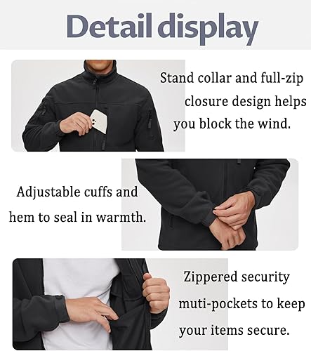 Miniatura 5 de BIYLACLESEN Chaqueta de forro polar para hombre, chaquetas tácticas militares softshell, abrigos de invierno cálidos con cremallera completa,