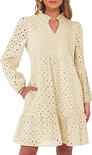 Womens Dresses Long Sleeve V Neck Eyelet Hollow Out Fall Casual Flowy Swing Boho Tiered 2025 Mini Short Dress