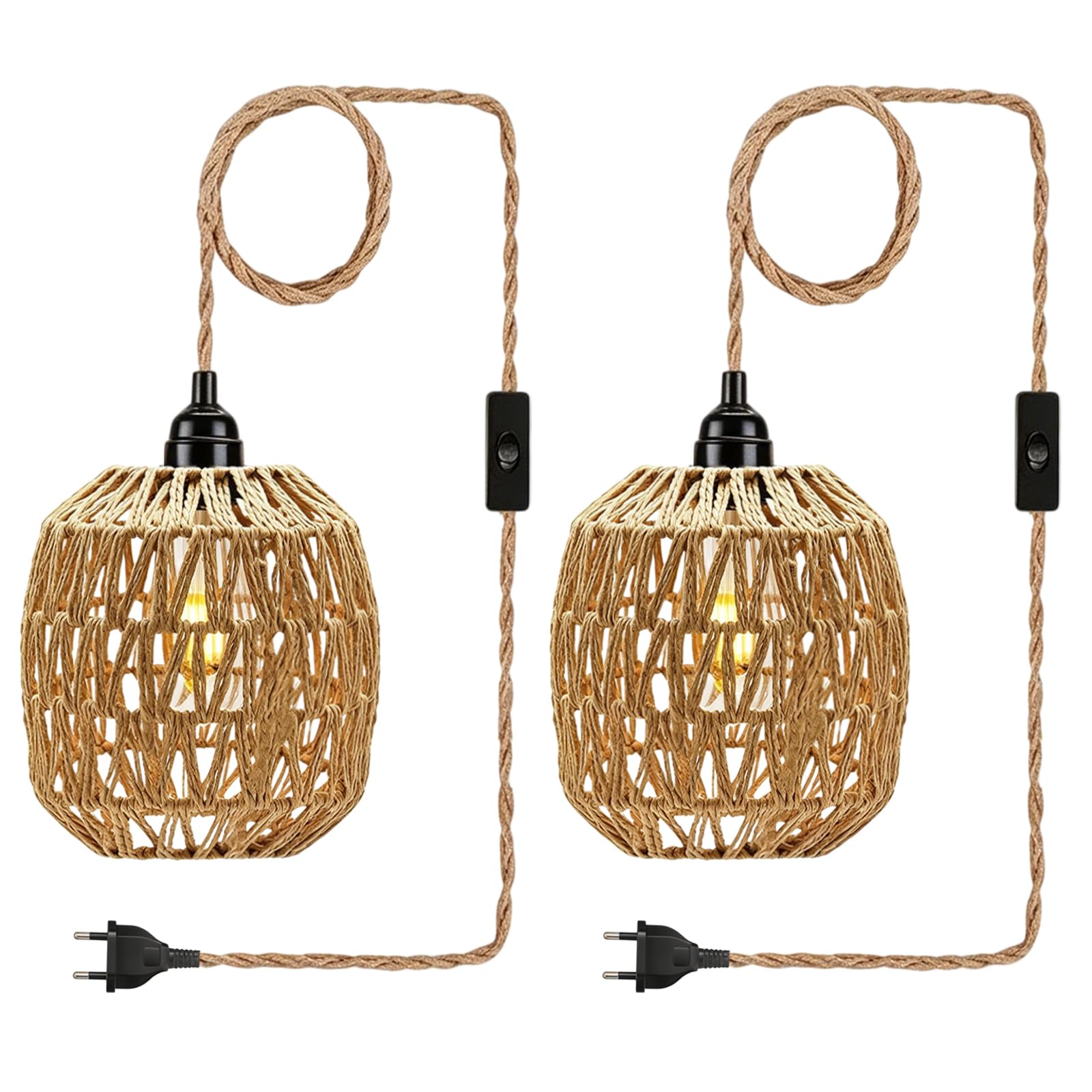 2 Stück E27 Vintage Hängelampe mit Stecker, Retro Pendelleuchte mit 4,5M Kabel und Hanfseil Lampenschirm, Fassung Lampenkabel mit Schalter für Schlafzimmer Foyer Balkon, Ohne Birne