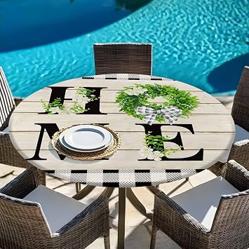Round Tablecloths with Elastic Edged Home Text Vintage Wood Board Fitted Table Cloth Fits Tables up to 45-54, Rustic Leaf Flower Buffalo Plaid Waterproof Table Cover for Indoor Outdoor Party