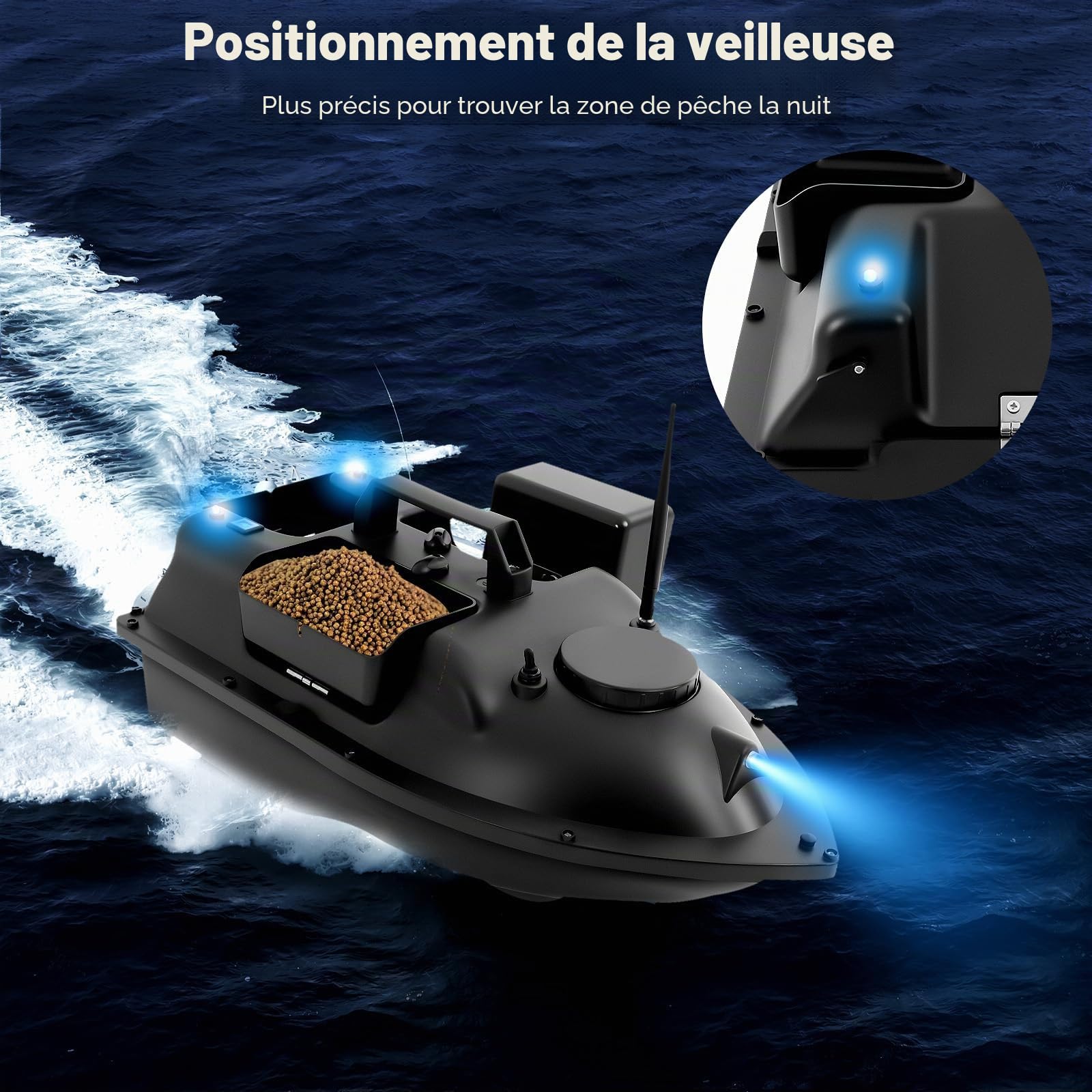 Bateau Amorceur GPS, sans Fil, Bateau Amorceur Télécommandé, Pêche L'appât, Convient pour Lancer dans Rivières, Lacs Les Eaux Peu Profondes (Noir)