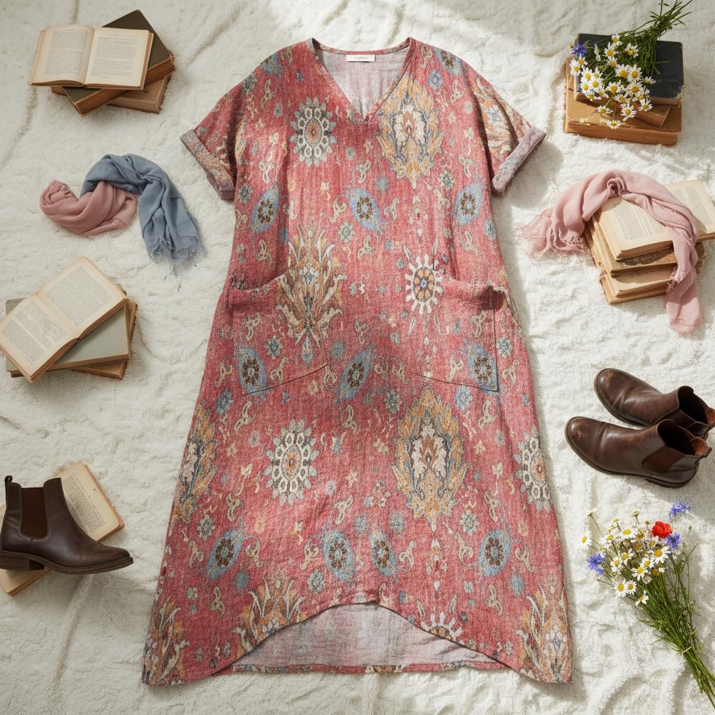 TIAFORD 2026 Spring Summer Boho Floral Printed Linen Maxi Dress V Neck Batwing Sleeve Oversized Kaftan Dresses with Pockets - Image 4