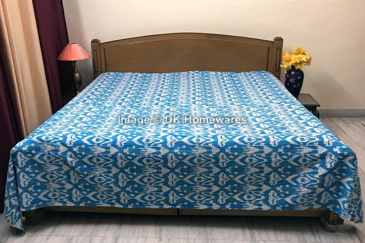 Indian Handmade Turquoise Queen Size Bedspread Cristmas Décor Cotton Kantha Work Ikat Printed Hand Stitched (108 x 90) -Set of 1 Quilt Bedspread