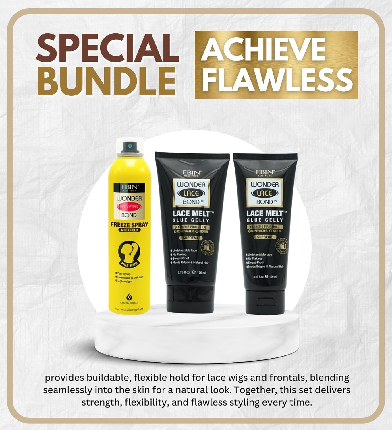 EBIN NEW YORK Ebin Lace Melting Spray – 1x Wonder Ponytail Bond Freeze Spray - Mega Hold (8oz) bundle with 1x Wonder Lace Bond Melt Glue Gelly (5.75oz) & 1x(3.38oz) Gift Set (3 Items)