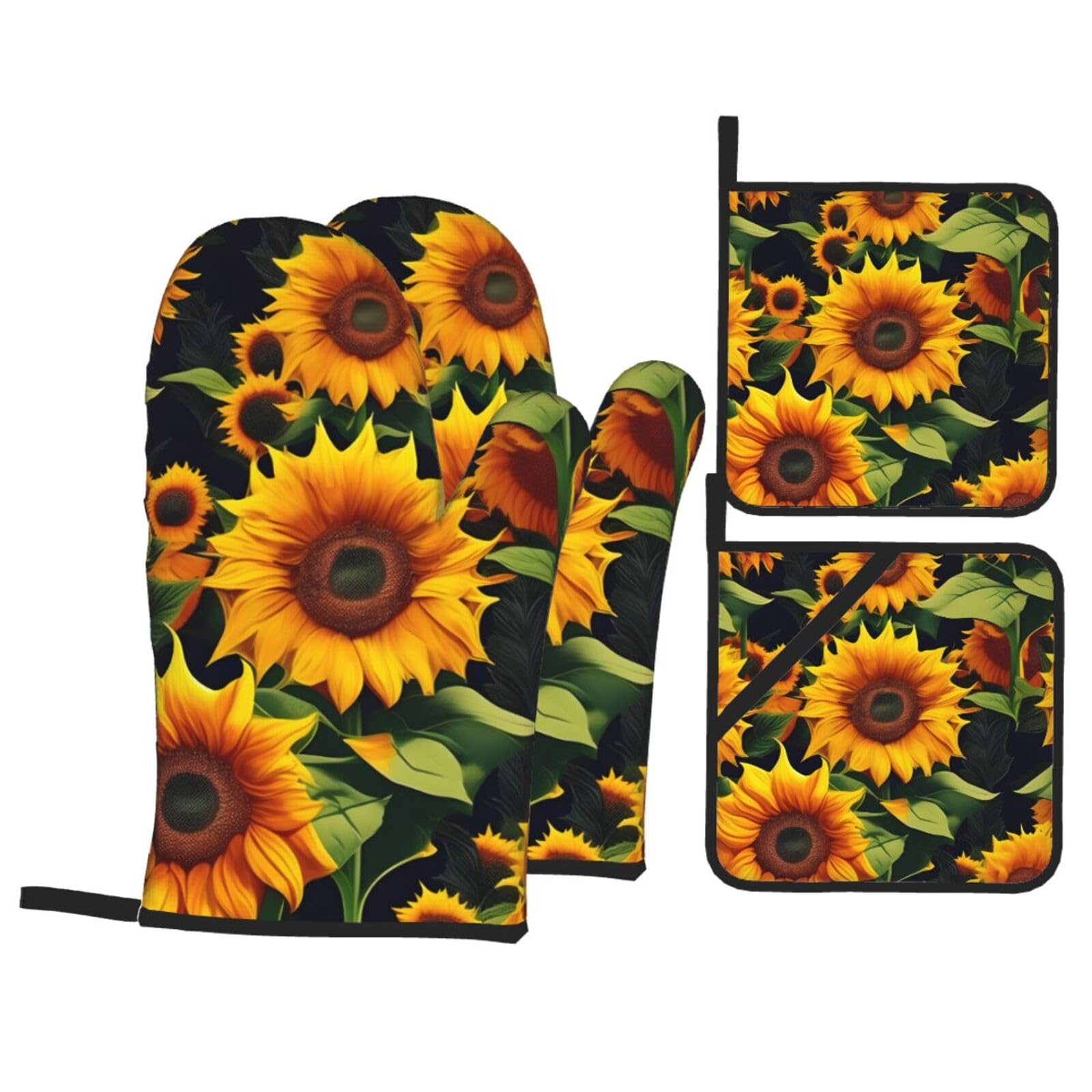 Beautiful sunflower Print 4-Piece Oven Microwaving Set Kitchen Gloves for Holiday Cooking Baking Grilling