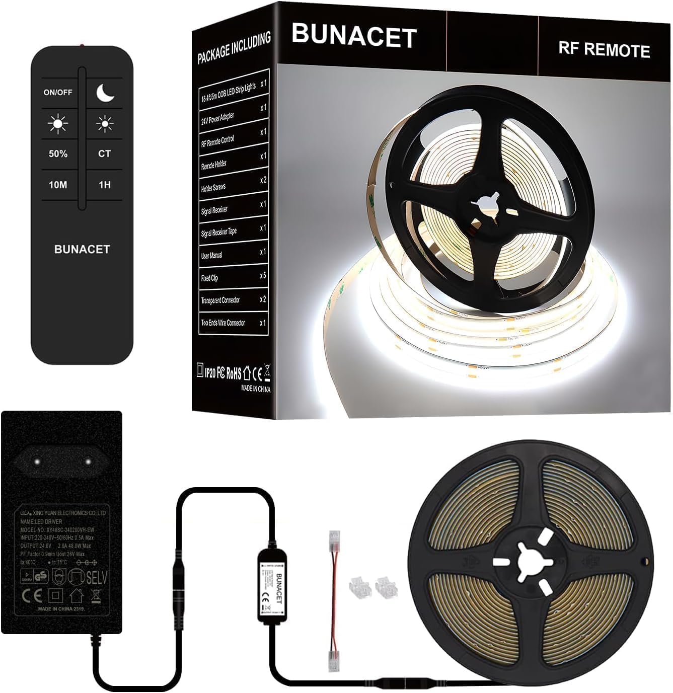 COB LED Streifen 6M, LED Strip Kaltweiß Dimmbar 6500K, CRI90+ Lichtband LED Band Stripes mit Netzteil und RF Fernbedienung für Küche, Schlafzimmer, Wohnzimmer, Schrank, Spiegel