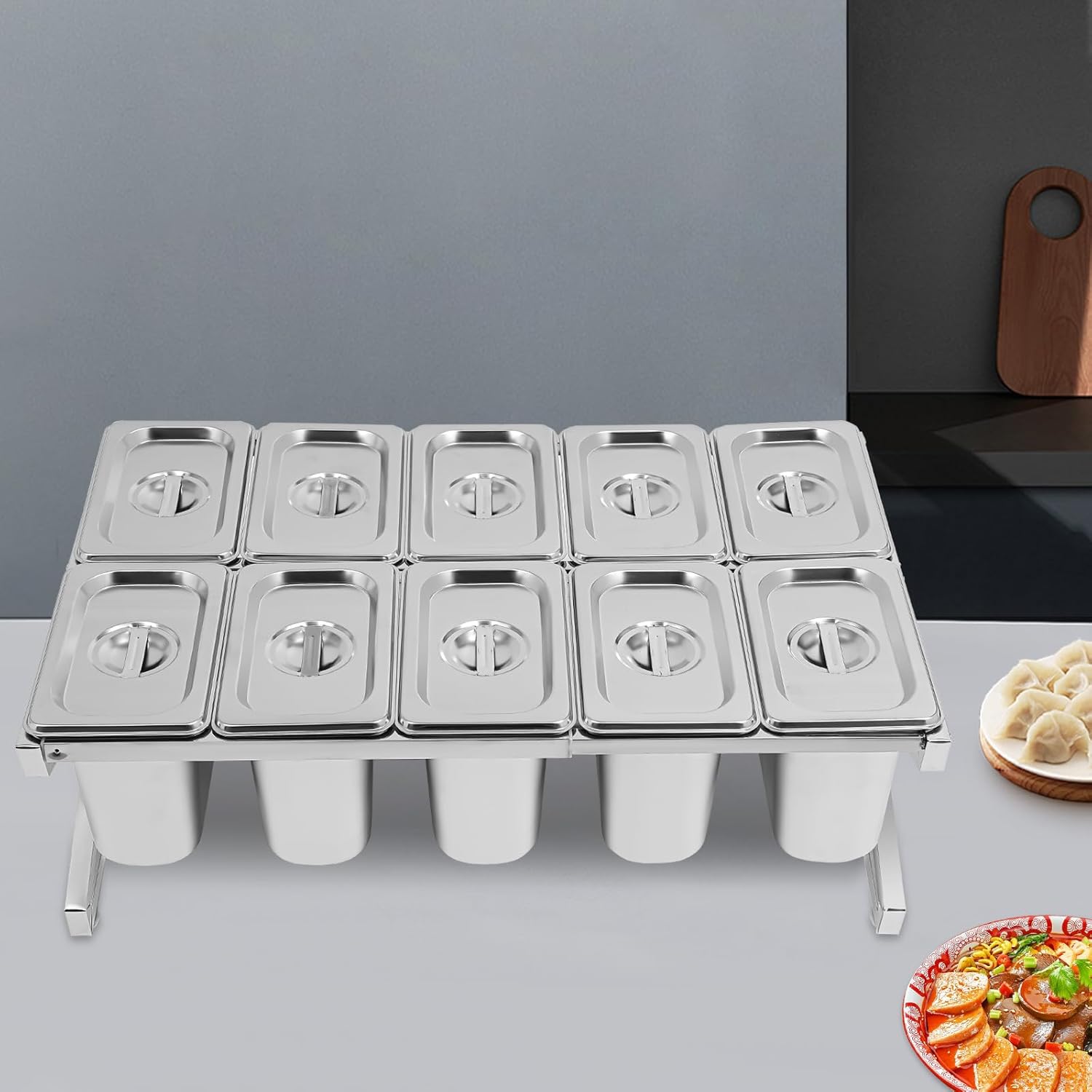 Expandable 1/9 Stainless Steel Spice Rack, 2 Tier Inclined Countertop Condiment Holder with 10 Pans and 10 Lids, Spice Rack Set for Restaurants, Buffets, Cafes, Food Trucks, Home Kitchens