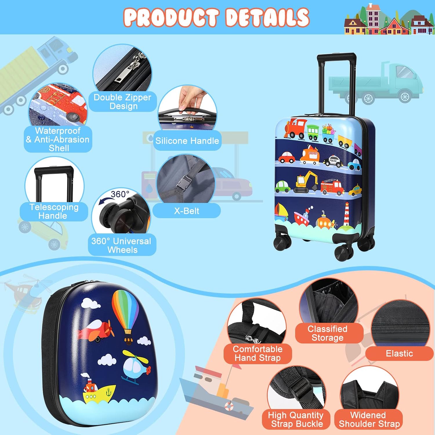 Weewooday Kids Luggage and Backpack 18" Suitcase with Spinner Wheel Hard Case Travel 13" Backpack Girl Suitcase Set for Kids Travel Supplies(Assorted Colors,Vehicle Style)