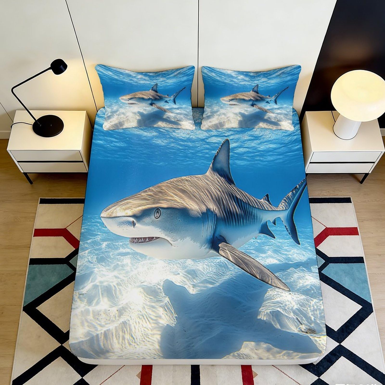 3D Printed Shark Pattern Fitted Sheet Microfiber Soft Breathable Ocean Underwater Bed Cover for Bedroom Dormitory Guest Room Mattress Protection Decor 140x200x25cm