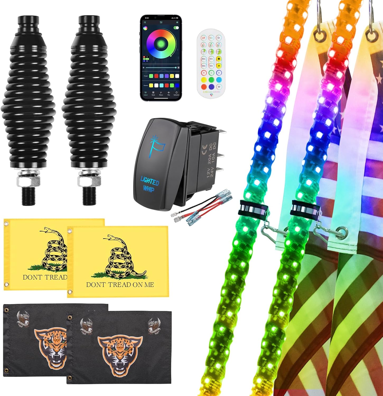 2 Pack 6FT Whip Lights with Spring Base,LED Whip Light with App & Remote Control, Spiral RGB Chasing Lighted Whips with Rocker Switch, Music Whip Light for UTV ATV Polaris RZR Can-Am SXS Truck