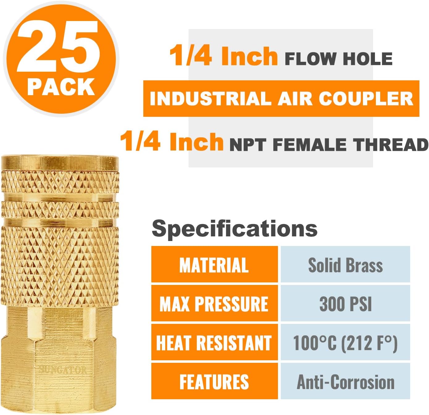 SUNGATOR 25-Pack 1/4'' Air Hose fittings, Brass 1/4 Inch NTP Female Industrial Coupler, Quick Connect Air Line Fittings for Auto Shop, Compressor Hose Repair Accessories Kit, 1/4'' NTP Coupler