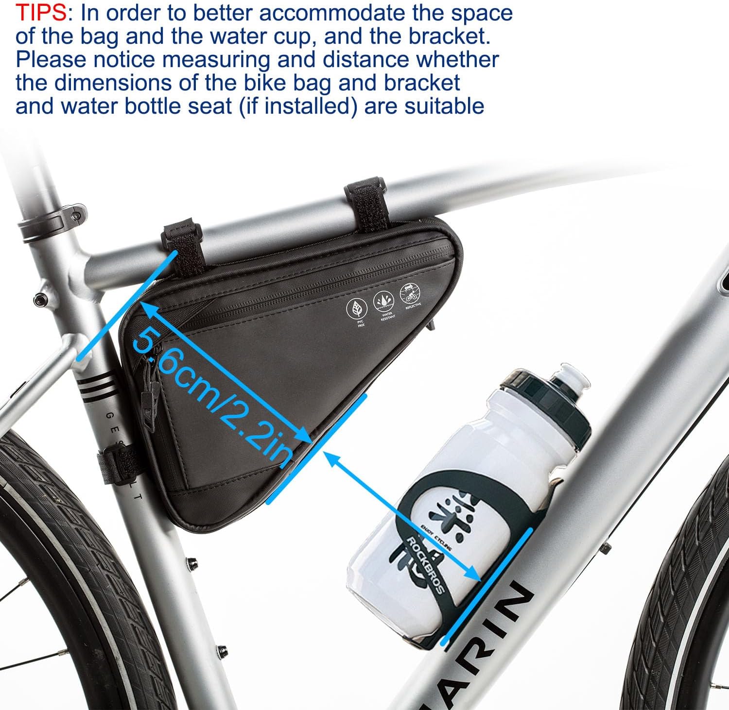 2L Bike Frame Storage Bag with Water Resistant Reflective, Bicycle Storage Pouch with 2 Side Pockets, Strap-On Under Seat Tool Accessories Pouch for Mountain Road Bike, MTB