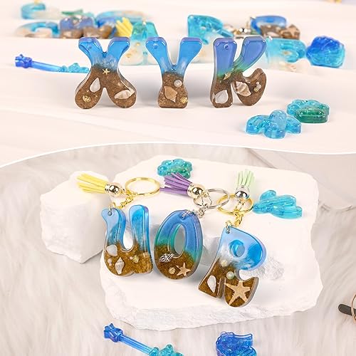 Miniatura 6 de Moldes de llavero de alfabeto Moukiween con agujero, moldes de números y letras de resina para kit de fabricación de dijes de joyería para llavero