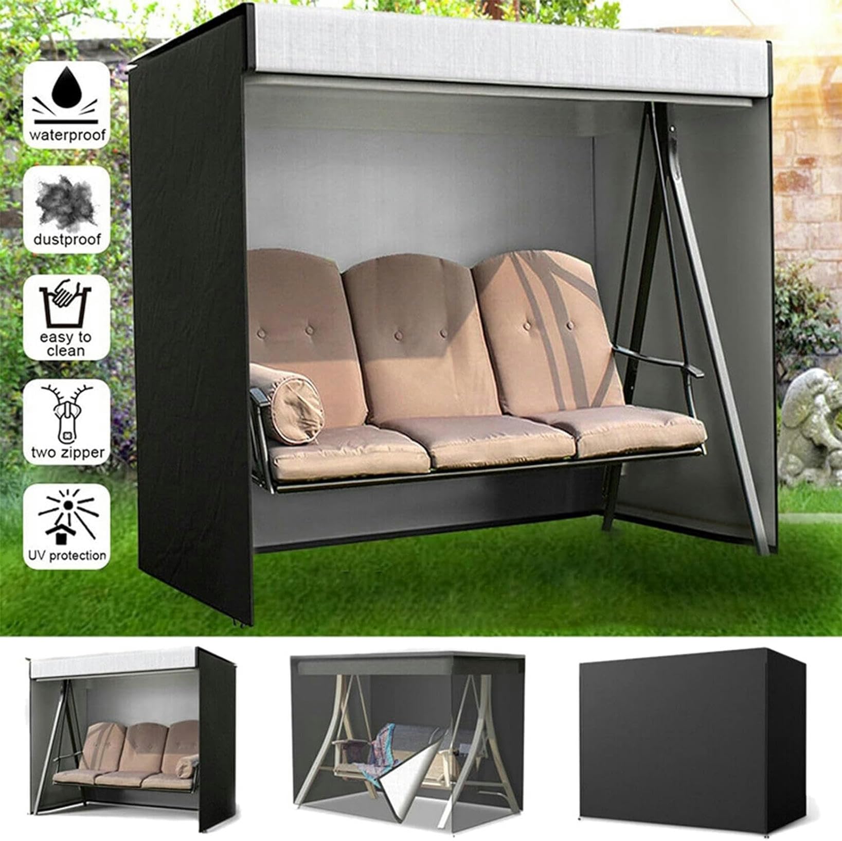 Hollywoodschaukel Abdeckung 3 Sitzer Gartenschaukel,Terrassenschaukel-Abdeckung Wasserdicht Schutzhülle Abdeckhülle für Hollywoodschaukel, mit 2 Reißverschlüssen,200x125x170cm/79x49x67inch-1