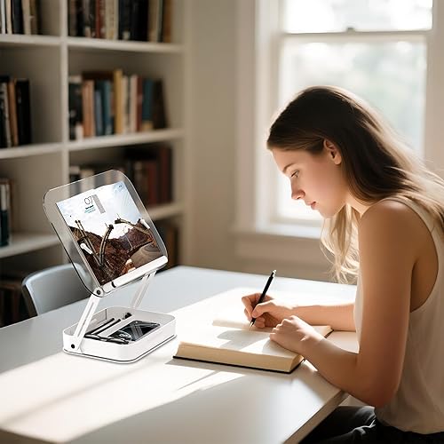 Miniatura 8 de ASIEIT Soporte de libro para lectura con almacenamiento, soporte de libro ajustable de acrílico con bases giratorias de 360 y clips elásticos para