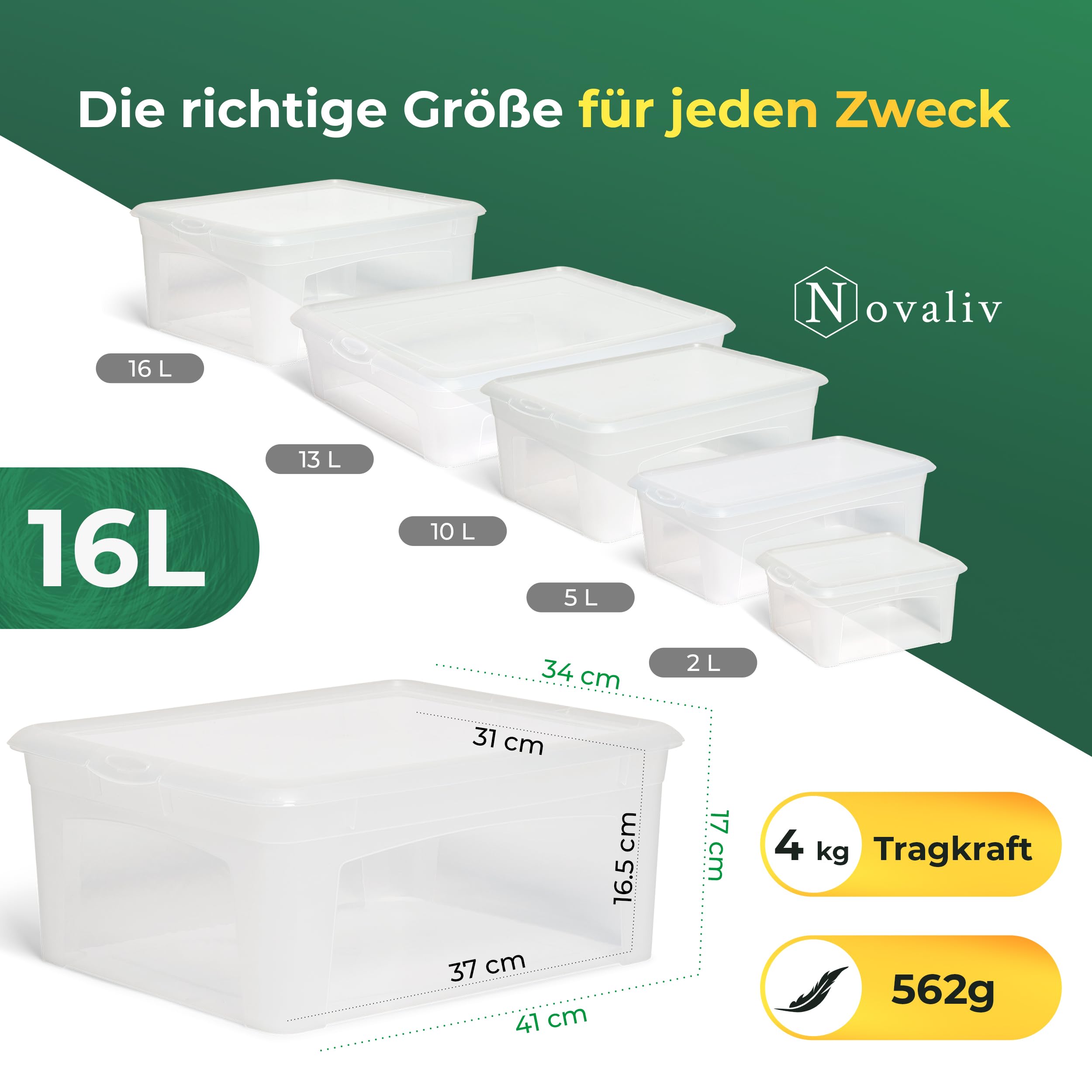 Novaliv 16x Aufbewahrungsboxen mit Deckel 16L transparente Boxen stapelbare Nestbar Storage boxes mit Clipverschluss Kunststoff BPA-frei 41x34x17 cm