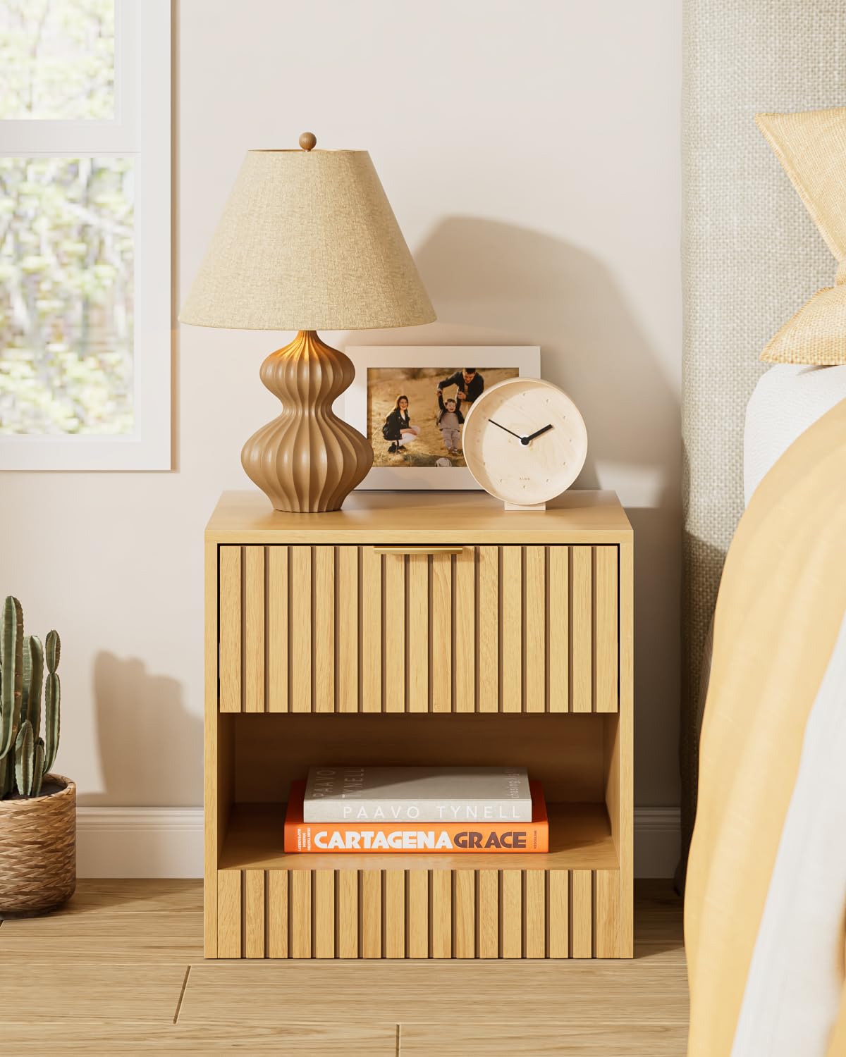 Photo 1 of **MISSING INSTRUCTIONS** Apetaccat Small Nightstand, Modern Night Stand, Bedside Table with Drawer and Open Shelf, Cube Design, Small Side Table for Bedroom, Living Room, Oak