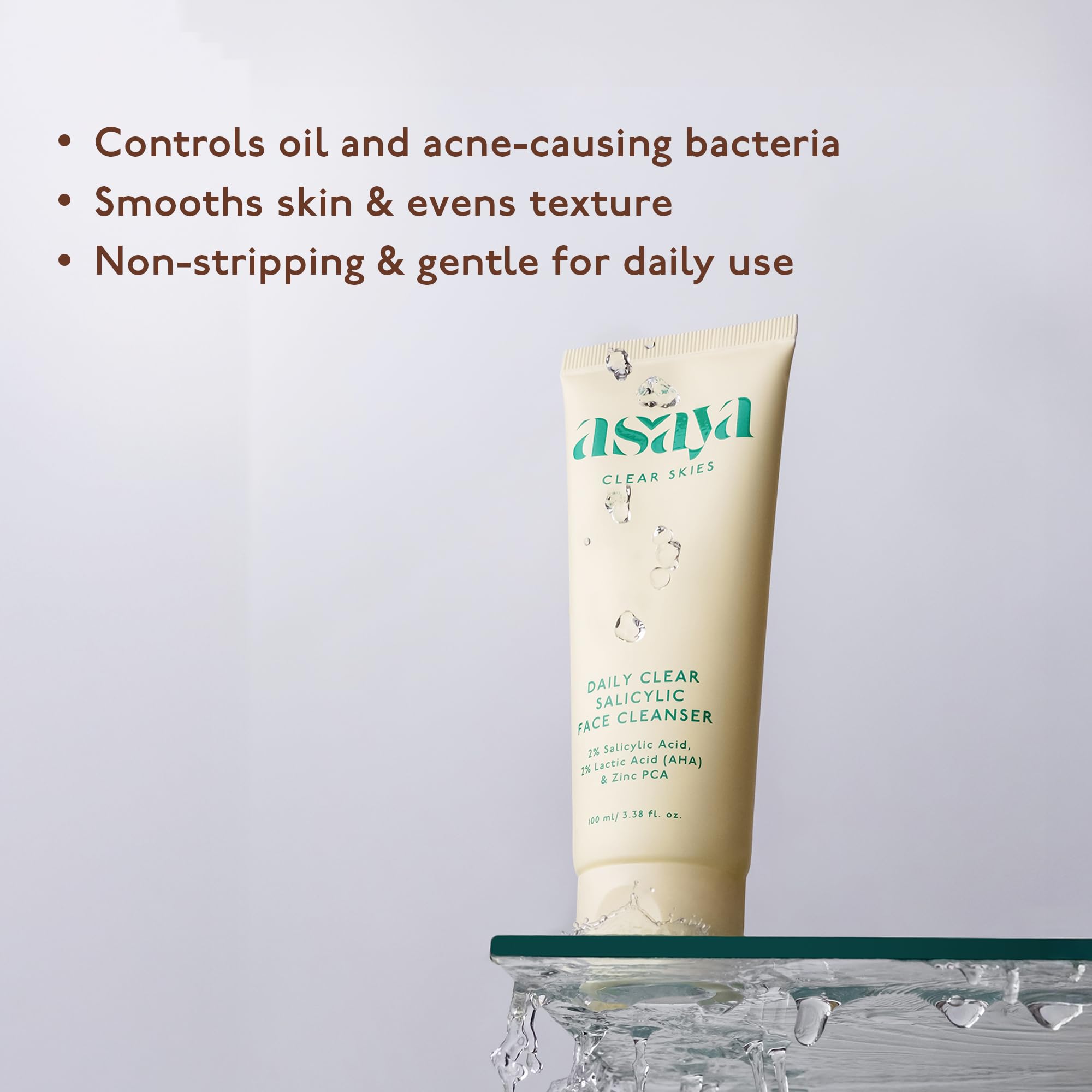 Asaya Daily Clear 2% Salicylic Acid Face Wash Cleanser I for Oily and Acne Prone Skin I With Lactic Acid & Zinc PCA I Treats Active Acne | Unclogs Pores | Controls Oil -100ml 2