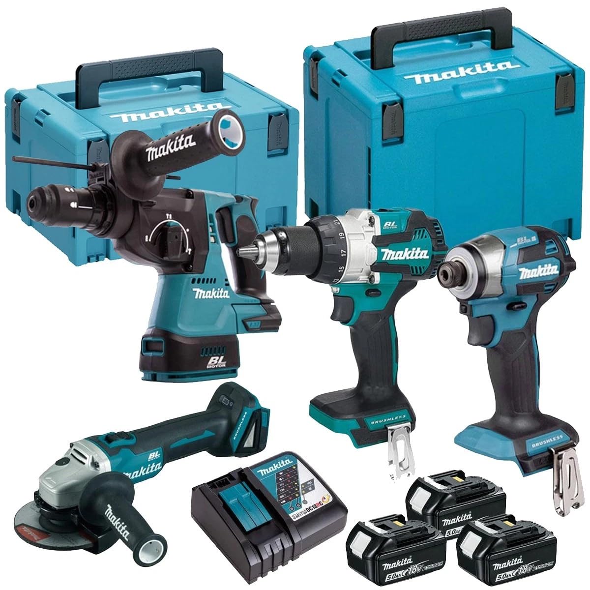 Makita DLX4195JX1 Kit d'outils sans fil 4 pièces 18 V LXT avec 3 batteries 5 Ah, chargeur et étuis