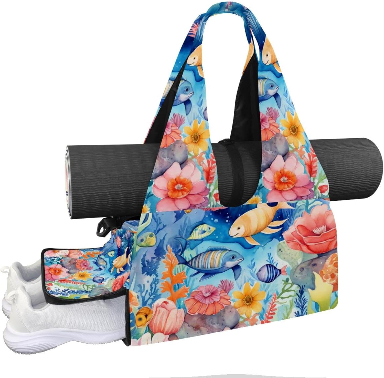 Gym Bag for Women, Underwater Octopus Sea Yoga Mat Bag with Shoe Compartment, Sport Yoga Gym Bag with Yoga Strap, Carryall Yoga Tote Bag
