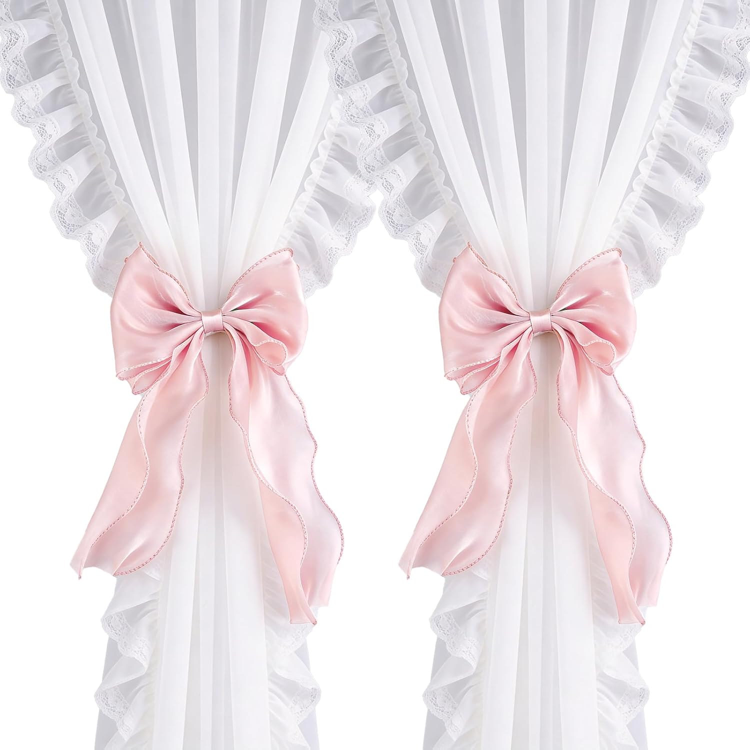 2PCS Silky Bow Curtain Holdersbacks Elegant Lace Bow Curtain Holders for Curtains Decorative,Pink