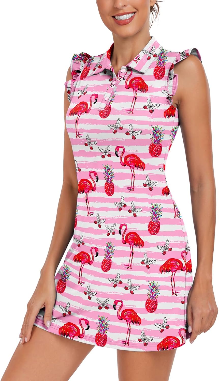 Soneven Women's Tennis Golf Dress with Shorts Button Down Ruffle Sleeveless Athletic Polo Dresses for Women with Pockets