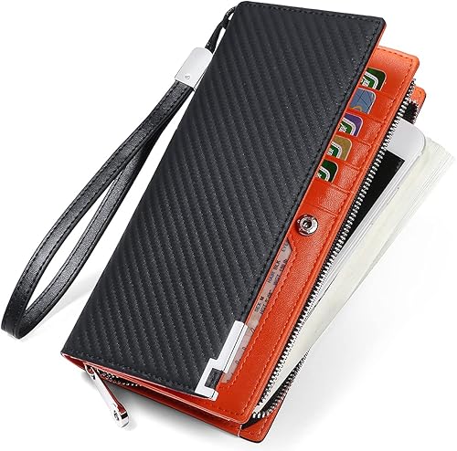 Miniatura 4 de Huztencor Carteras largas para hombre billetera plegable de cuero con bloqueo RFID y cremallera Cartera RFID