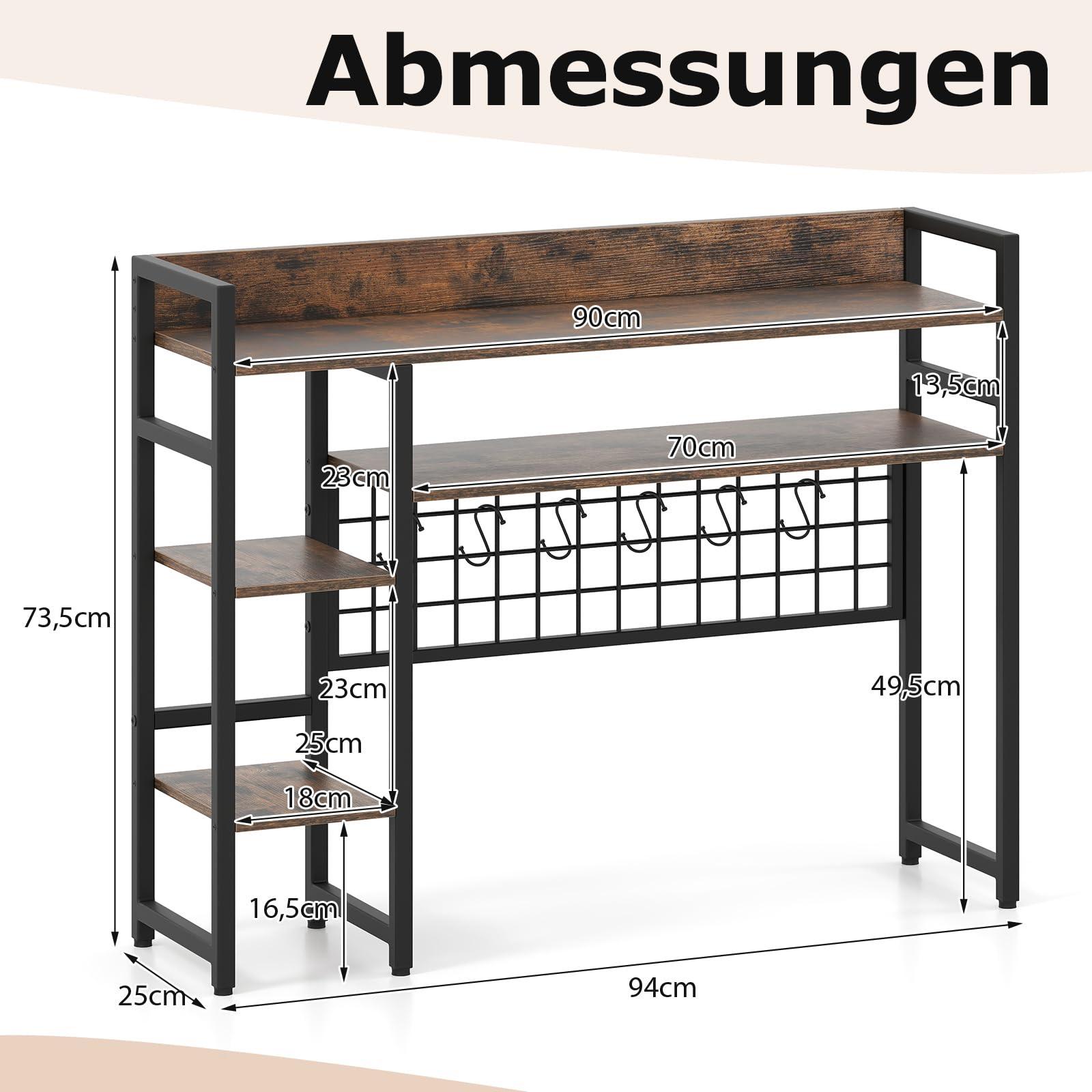 COSTWAY Regal do biurka, regał stołowy z 4 półkami i 6 haczykami, regał biurkowy na monitory, regał na książki na blat, organizer do przechowywania 94 x 25 x 74 cm (Brązowy)