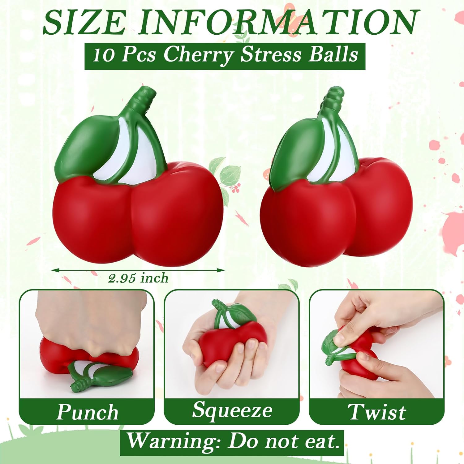Jenaai 10 Pcs Cherry Stress Ball Sweet Cute Fruit Stress Relief Toys for Kids and Adults, Durable PU Sensory Fidget Toys for Anxiety and Relaxation, Gifts Basket Stuffer
