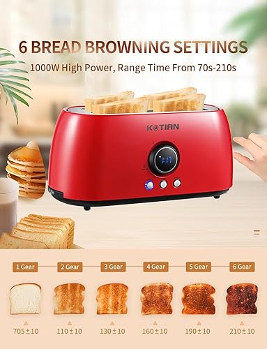 Miniatura 9 de KOTIAN Tostadora de 4 rebanadas, tostadoras retro de ranura larga con temporizador de cuenta regresiva, tostadora de acero inoxidable, bagel,