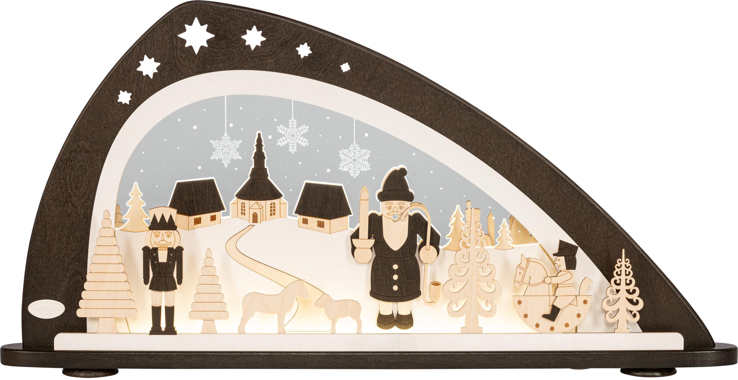 WEIGLA - Schwibbogen original Erzgebirge I Motiv Erzgebirgische Weihnacht I LED-Lichterbogen Weihnachten I Größe 66 x 33,8 x 6 cm I Inklusive Beleuchtung I beleuchtete Weihnachtsdeko innen I aus Holz
