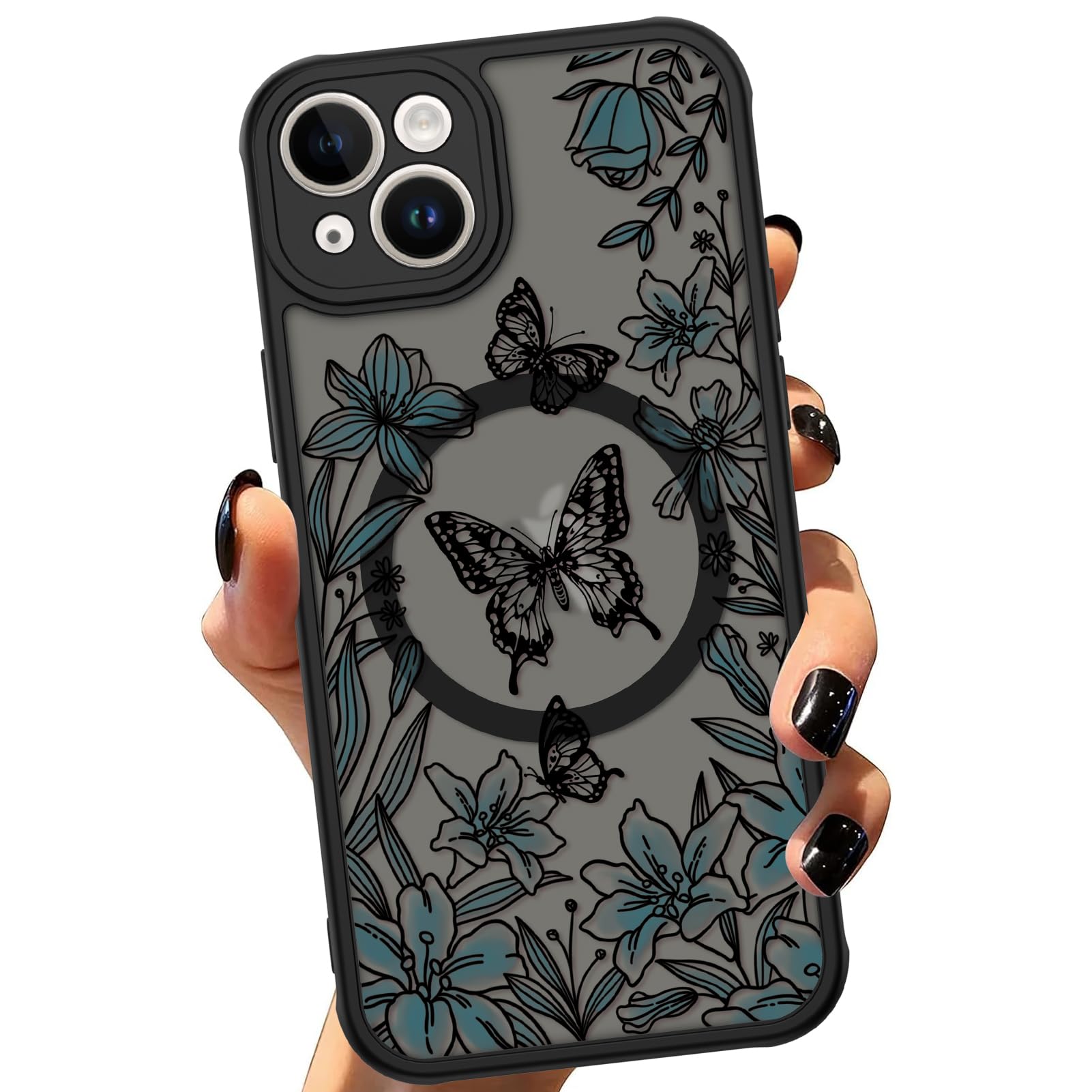 ZIYE for iPhone 14 Plus, Magnetic Matte Phone Case [Compatible with MagSafe] [Butterfly Lily Pattern Design] Black Bumper Hard Back Shockproof Cover